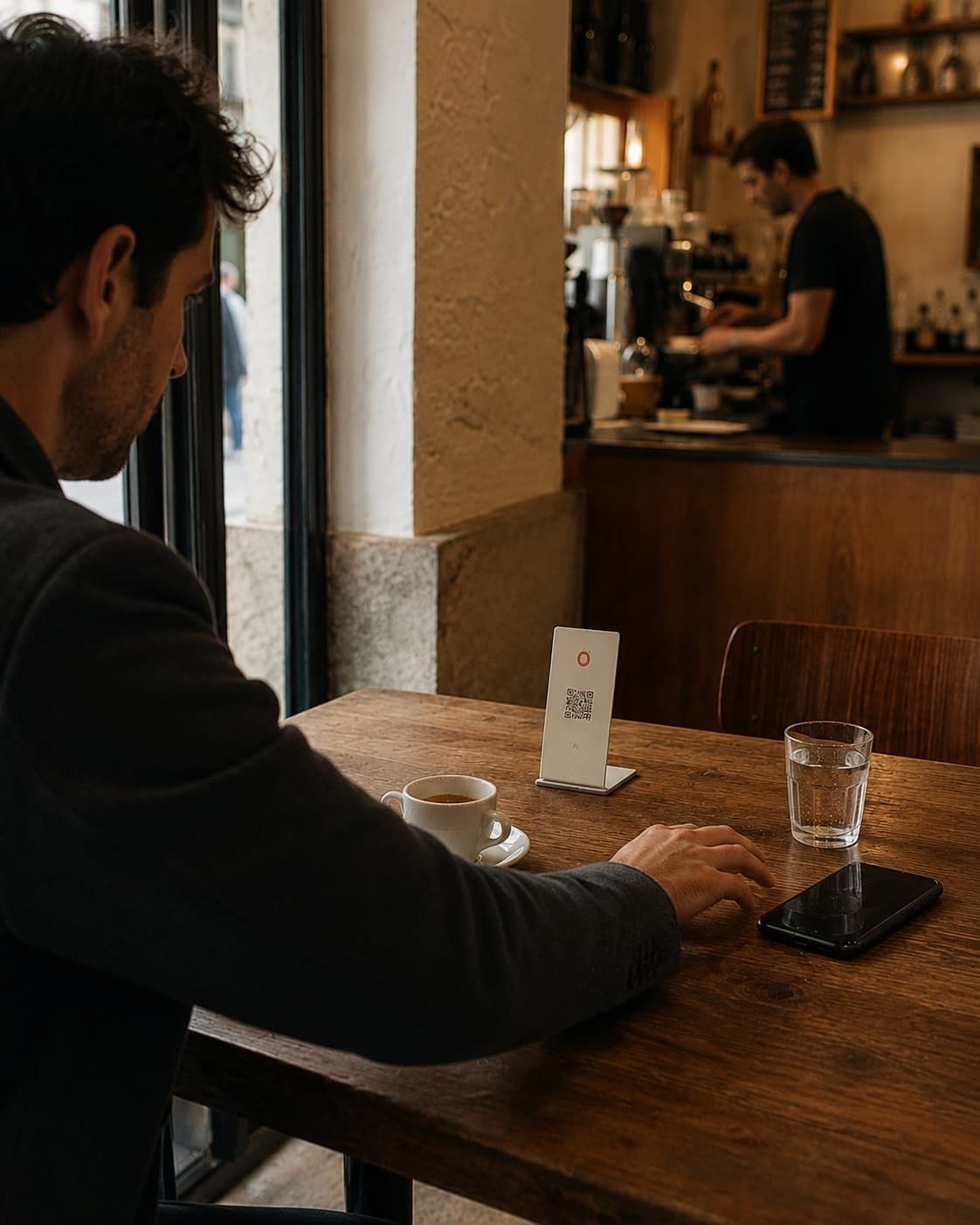 La main d’un client près du chevalet Loop et de son téléphone à la table ; au fond, le comptoir et le barista.