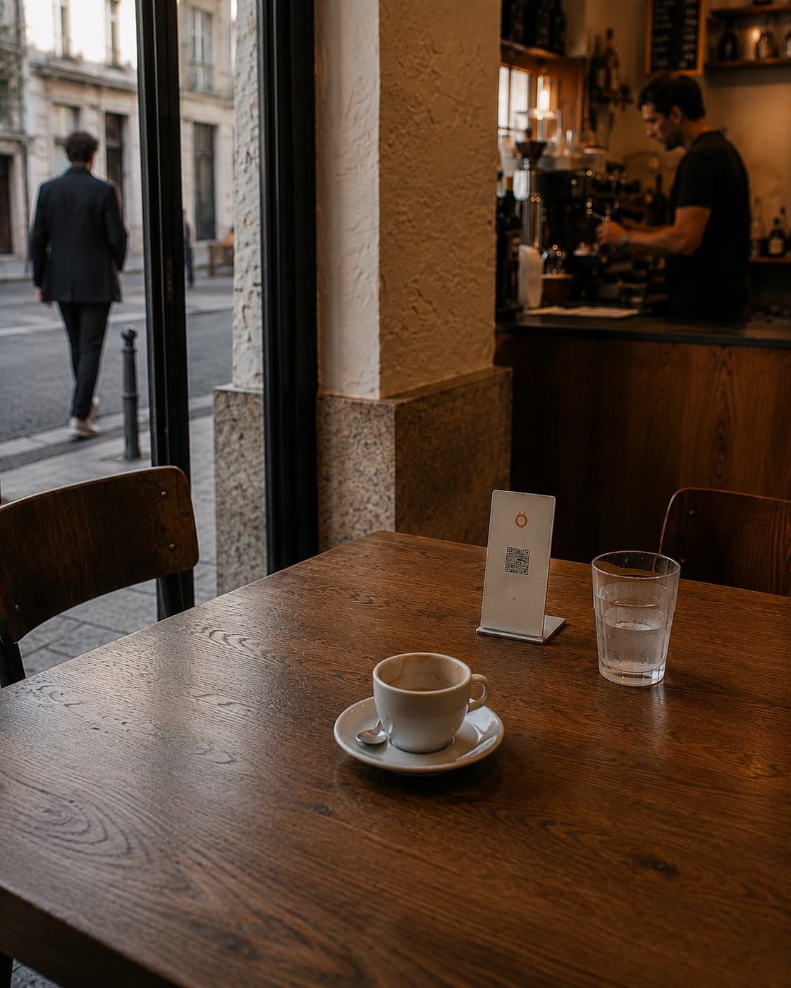 Une table de café après le service : une tasse presque vide, un verre d’eau et un chevalet Loop.