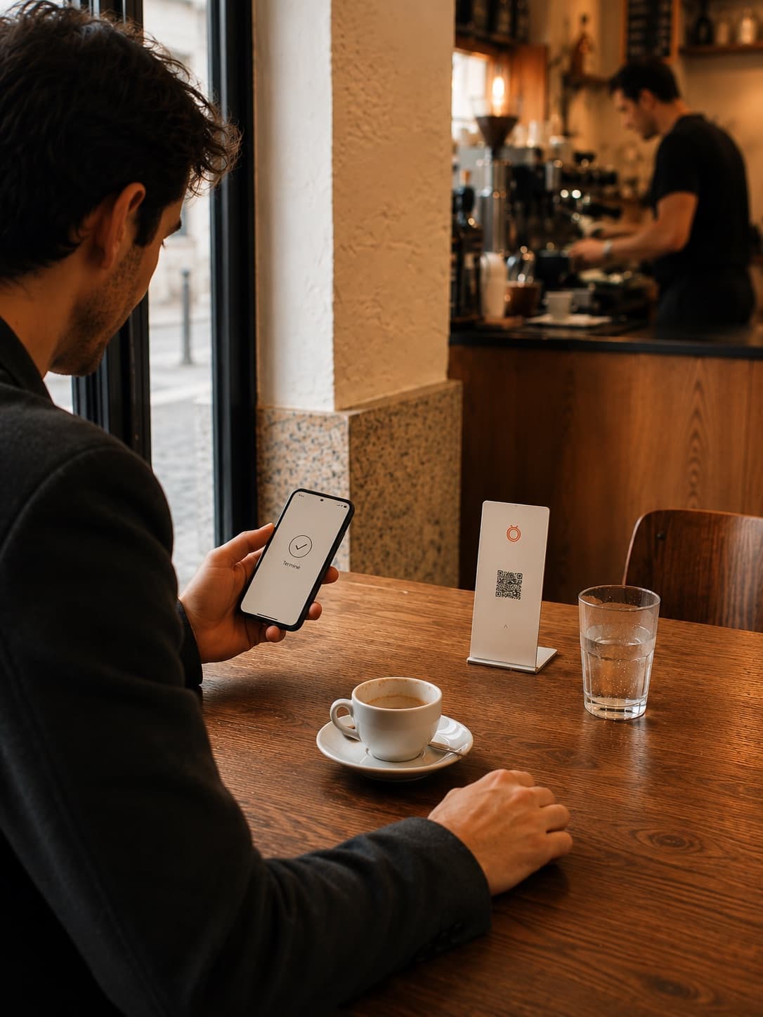 Sur l’écran du téléphone, la confirmation « Terminé » ; sur la table, le chevalet Loop ; au fond, le barista.