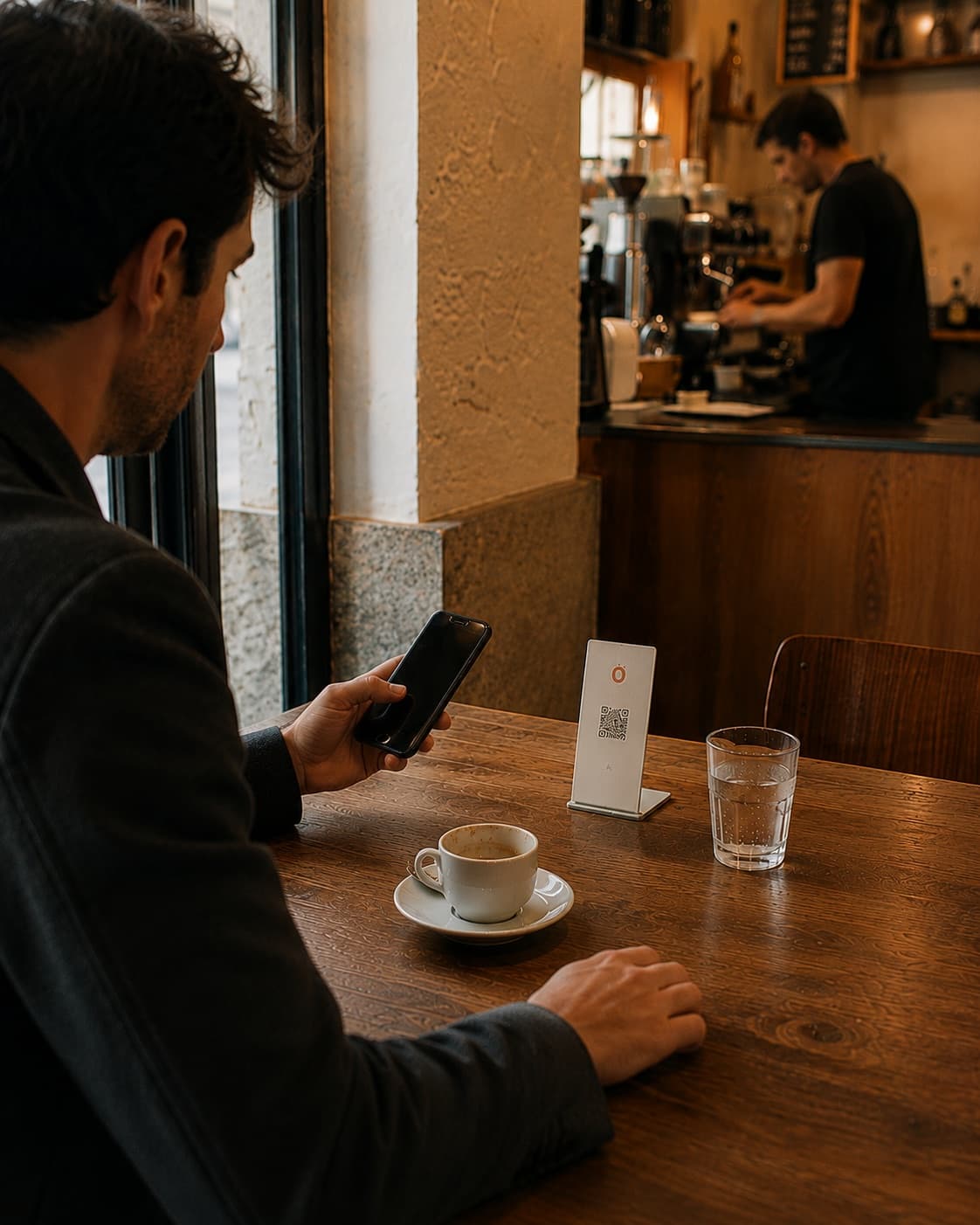 Le barista prépare un café au comptoir pendant le service ; un chevalet Loop sur la table du premier plan