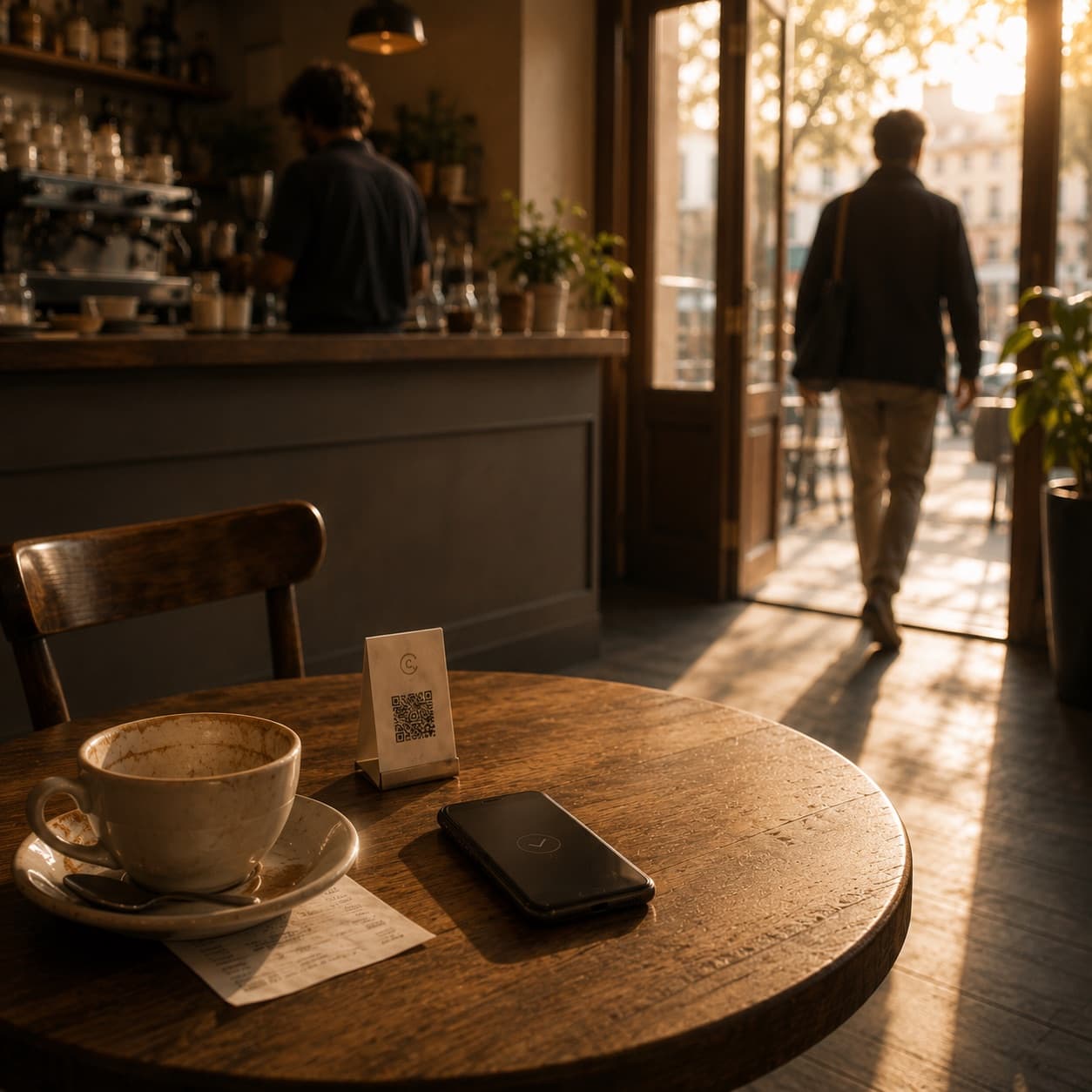 La salle au matin, la lumière dans la vitrine, le barista au comptoir ; le service continue.
