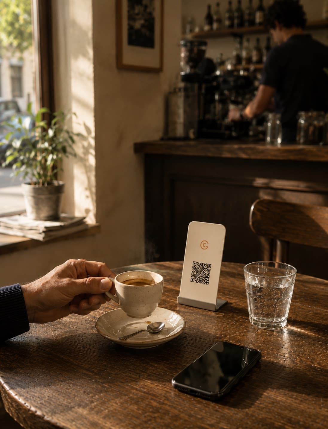 Une main tient une tasse de café ; sur la table, le chevalet Loop et son QR attendent ; au fond, le barista au comptoir.